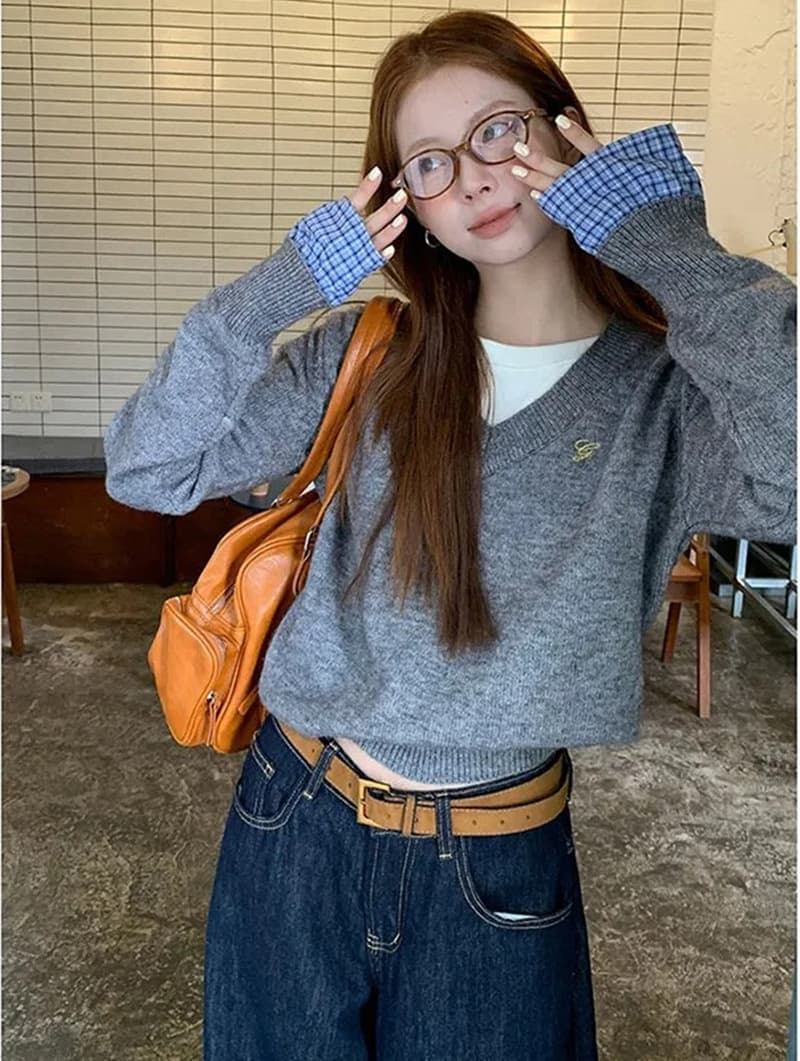 새로운 페이크 레이어드 느긋한 바람 스웨터 여자 가을 겨울 착용 가져 가라. 인사이드 가져 가라. 만나는 긴팔 맨위 니트 스웨터 상세 이미지 4