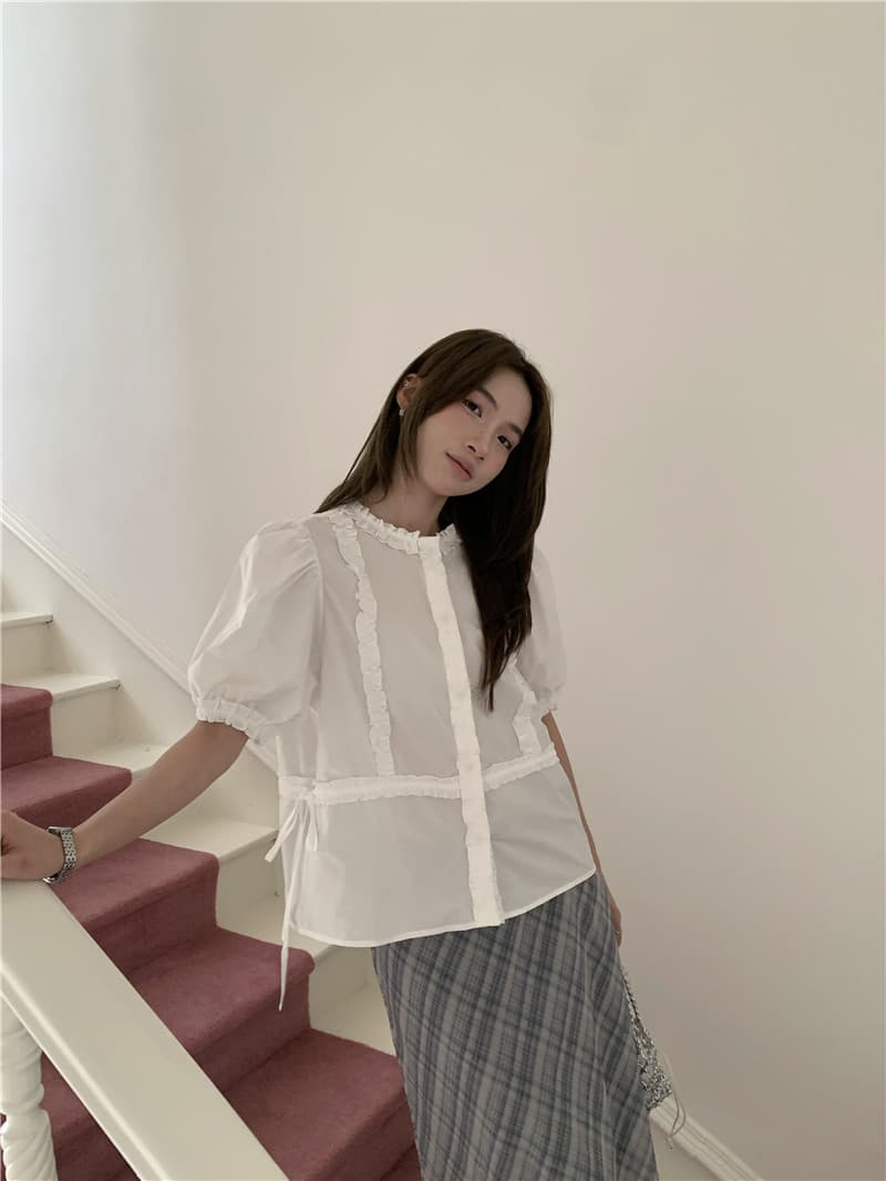 한 부서 달콤함 프릴 반팔 셔츠 체크무늬 반신 치마 세트 상세 이미지 4