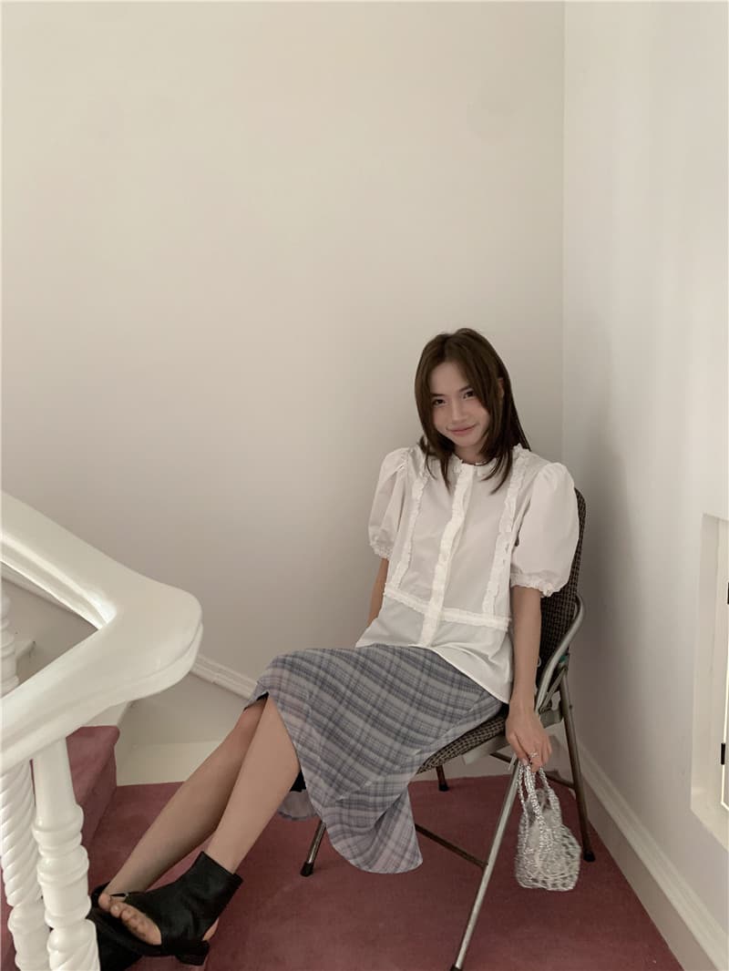 한 부서 달콤함 프릴 반팔 셔츠 체크무늬 반신 치마 세트 상세 이미지 9