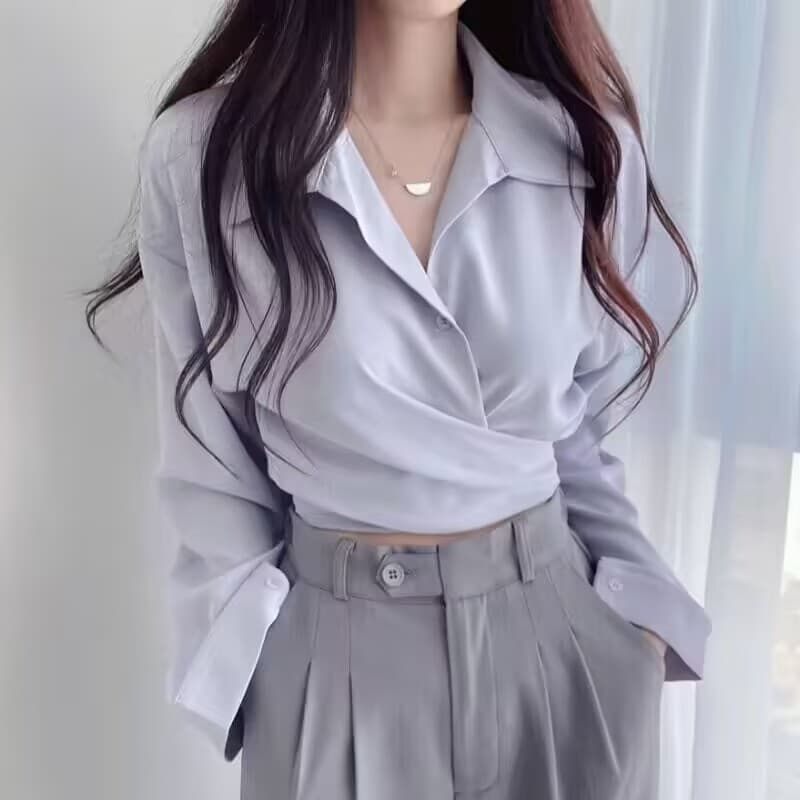 한국 chic 봄 가을 연령 감소 레트로 작은 대중 디자인 센스 품격 허리 수축 슬림해 보이는 레이스업 싱글 줄 버튼 쇼트 스타일 셔츠 이미지 2