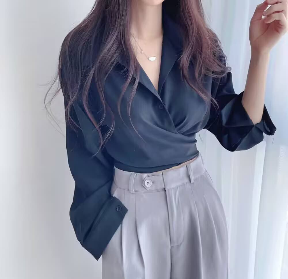 한국 chic 봄 가을 연령 감소 레트로 작은 대중 디자인 센스 품격 허리 수축 슬림해 보이는 레이스업 싱글 줄 버튼 쇼트 스타일 셔츠 상세 이미지 2
