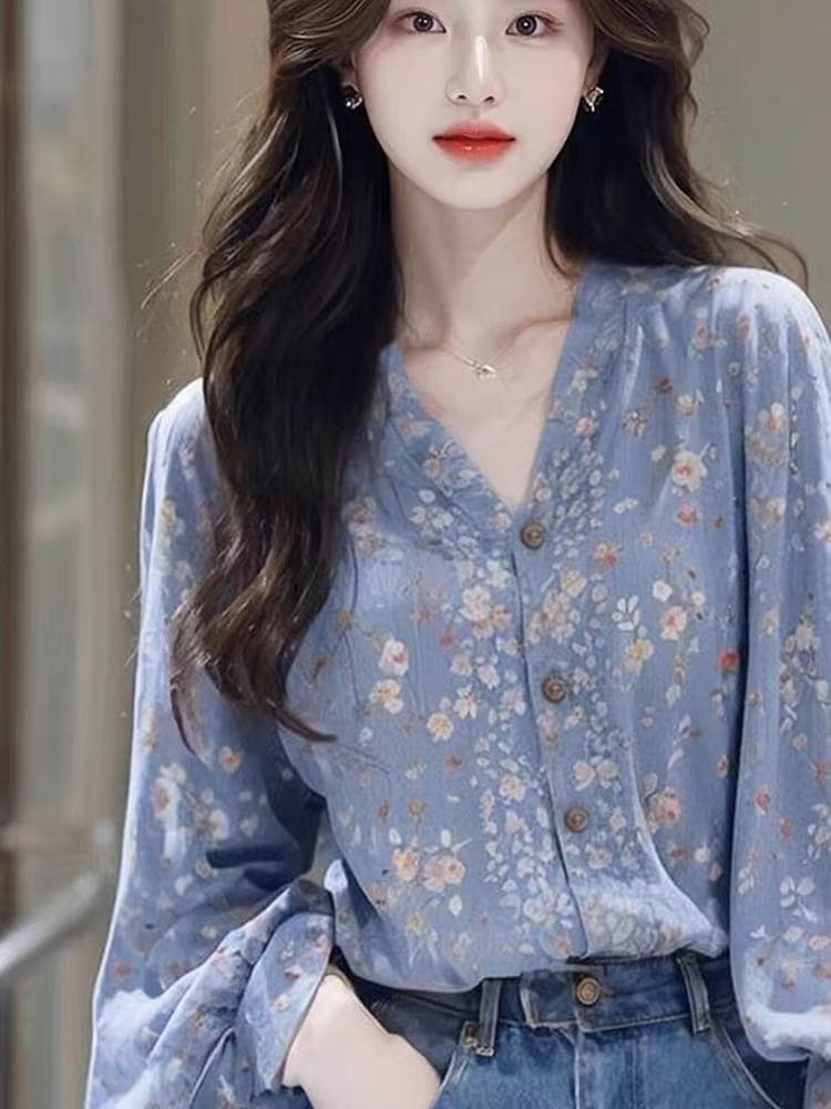 2026 프랑스식 우아함 아름다운 파란색 꽃무늬 V넥 긴팔 봄 가을 새로운 슈퍼 잘 생긴 루즈핏 표지 고기 셔츠 이미지 2