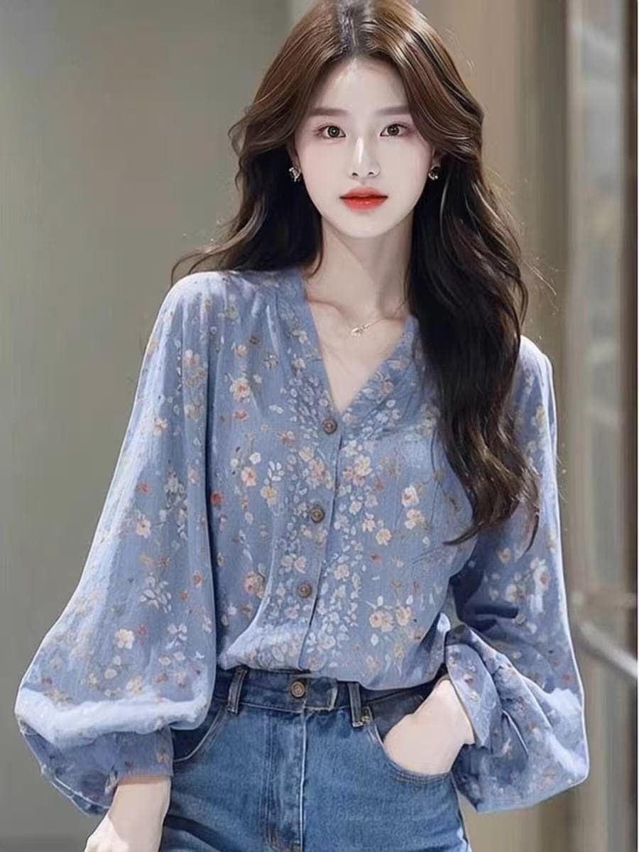 2026 프랑스식 우아함 아름다운 파란색 꽃무늬 V넥 긴팔 봄 가을 새로운 슈퍼 잘 생긴 루즈핏 표지 고기 셔츠 이미지 4