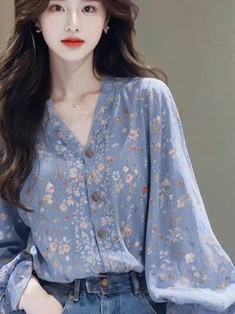 2026 프랑스식 우아함 아름다운 파란색 꽃무늬 V넥 긴팔 봄 가을 새로운 슈퍼 잘 생긴 루즈핏 표지 고기 셔츠 상세 이미지 3