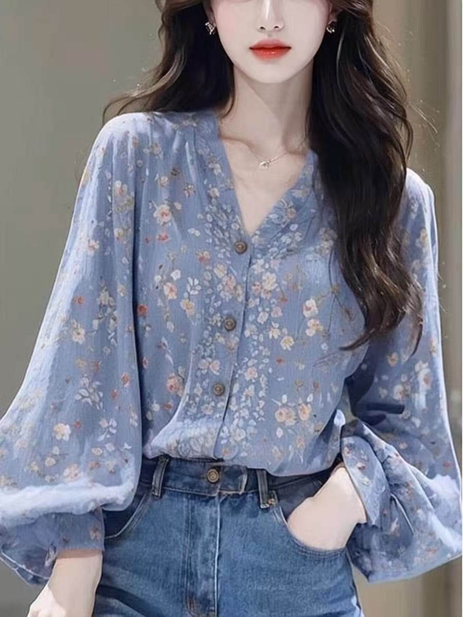 2026 프랑스식 우아함 아름다운 파란색 꽃무늬 V넥 긴팔 봄 가을 새로운 슈퍼 잘 생긴 루즈핏 표지 고기 셔츠 상세 이미지 5