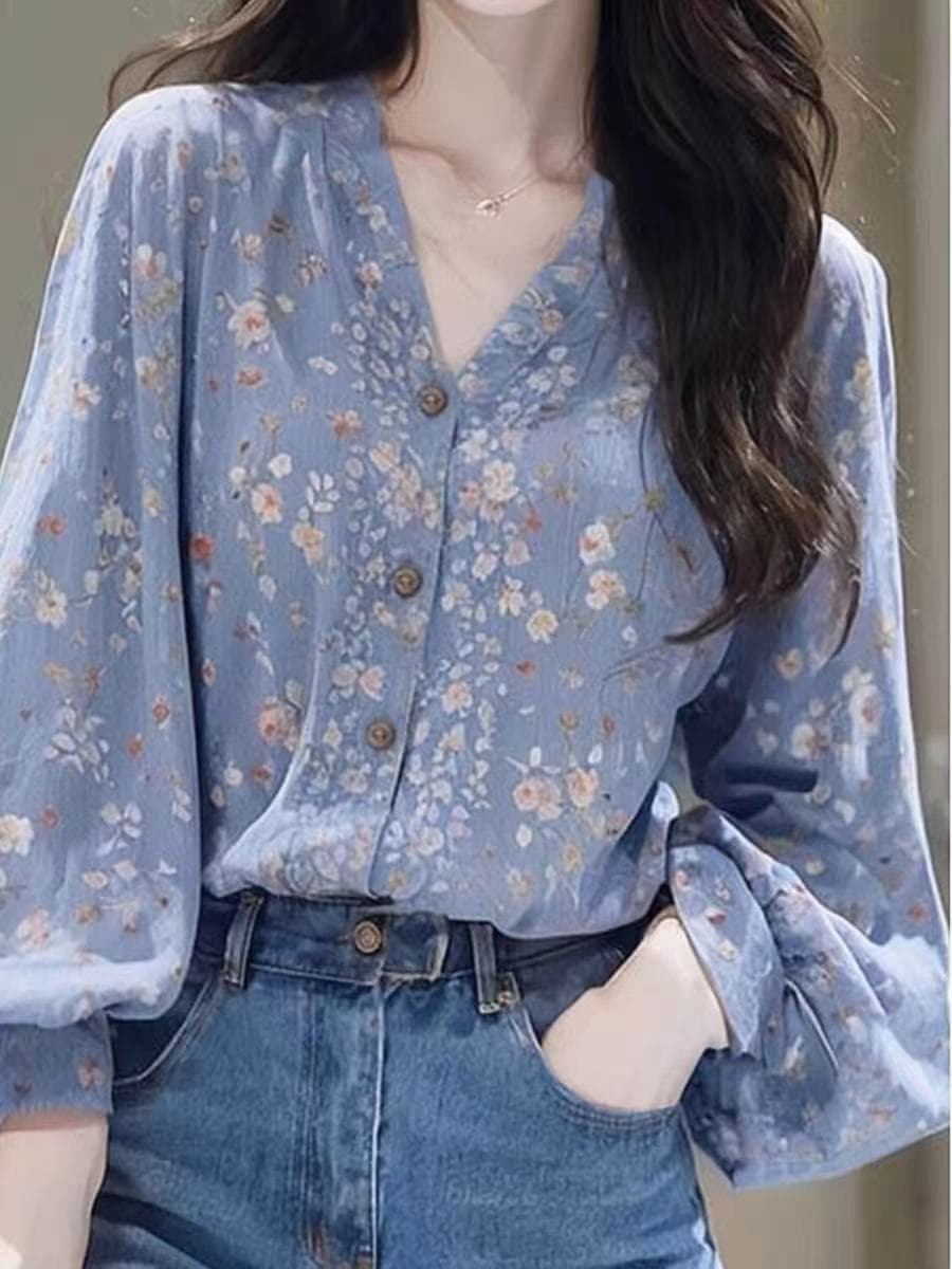 2026 프랑스식 우아함 아름다운 파란색 꽃무늬 V넥 긴팔 봄 가을 새로운 슈퍼 잘 생긴 루즈핏 표지 고기 셔츠 상세 이미지 6