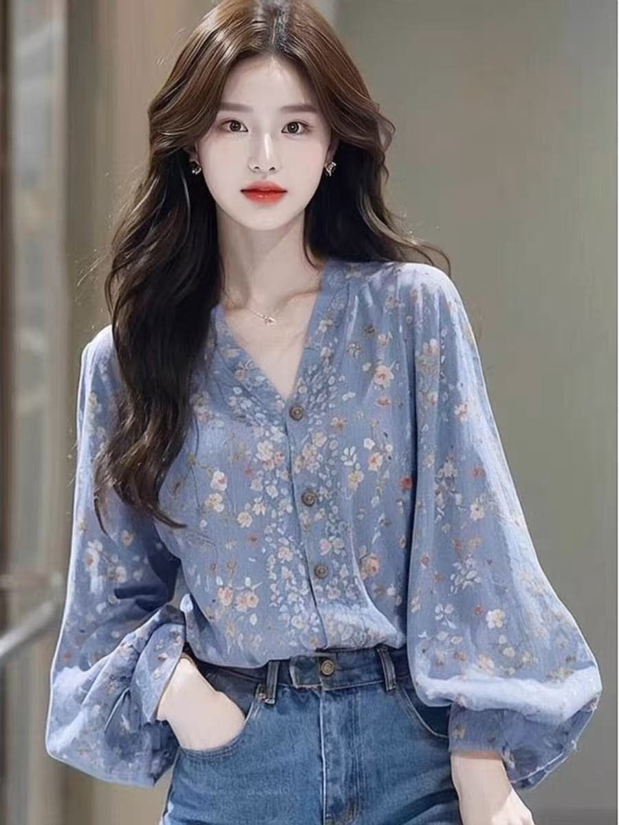 2026 프랑스식 우아함 아름다운 파란색 꽃무늬 V넥 긴팔 봄 가을 새로운 슈퍼 잘 생긴 루즈핏 표지 고기 셔츠 상세 이미지 7