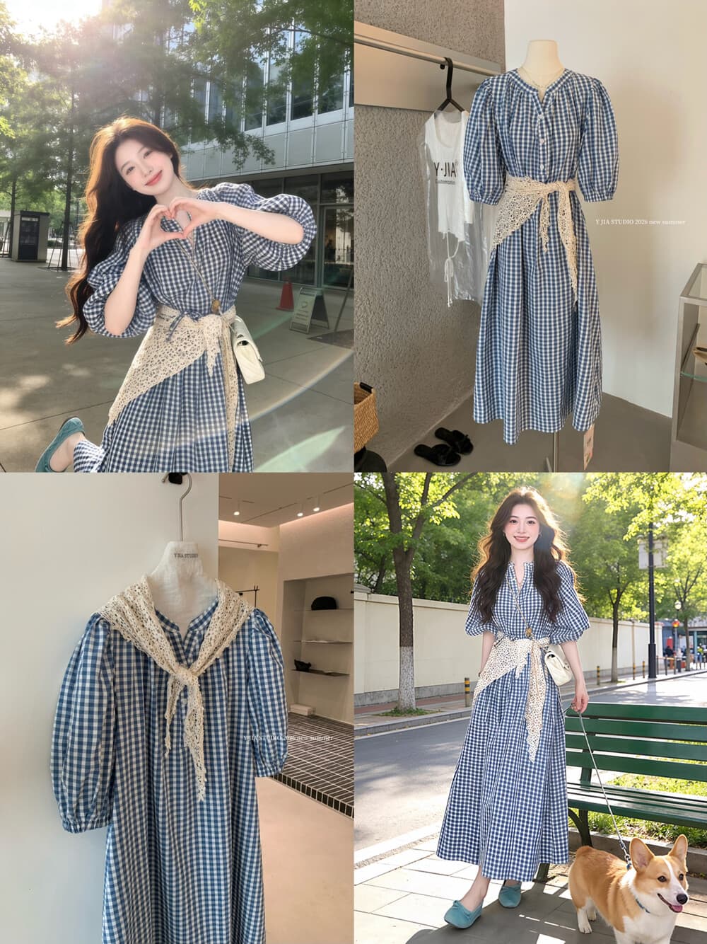 한 부서 달콤함 파란색 체크무늬 학원 스타일 요정 드레스 세트 조립 목도리 이미지 2