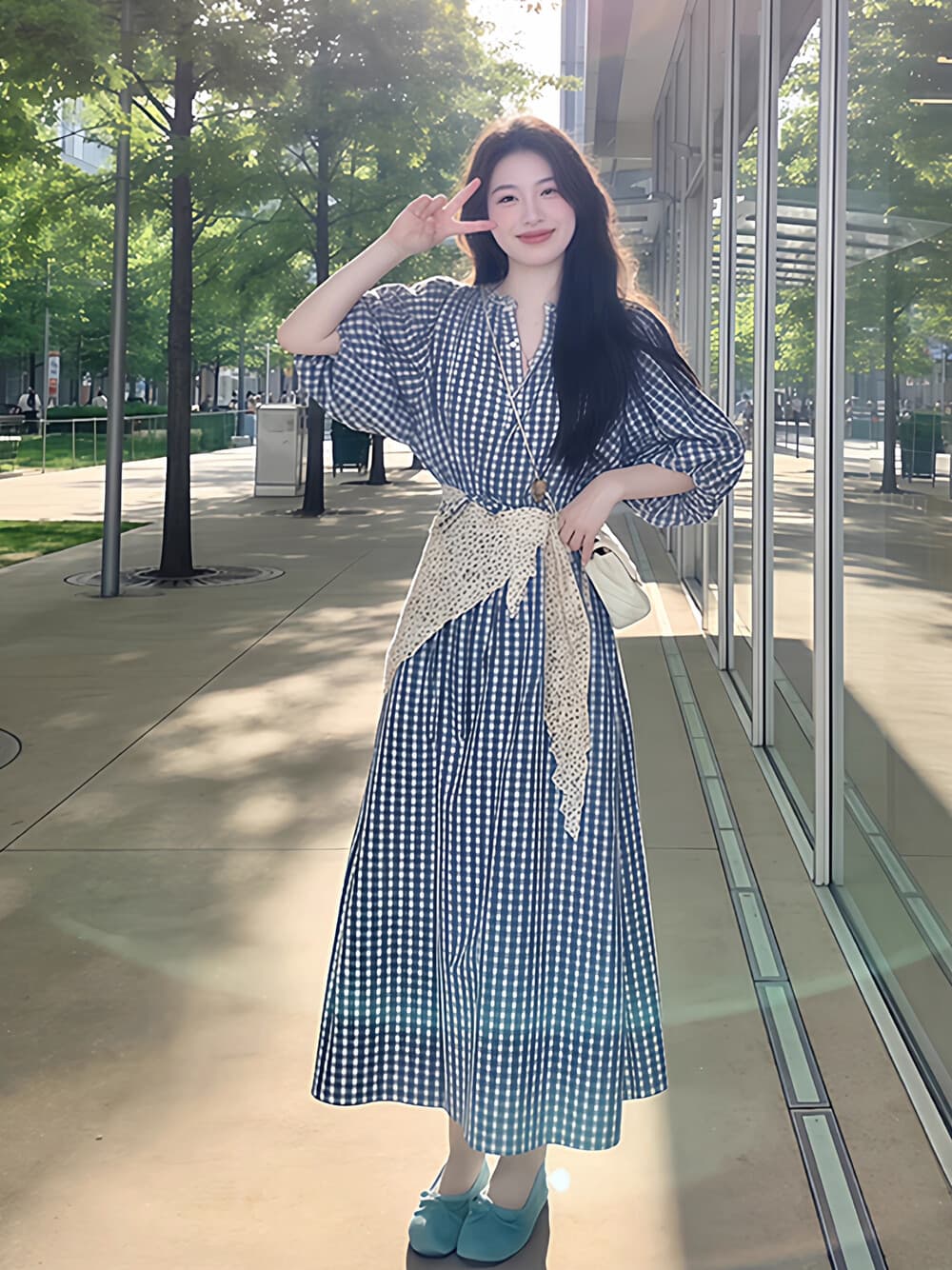 한 부서 달콤함 파란색 체크무늬 학원 스타일 요정 드레스 세트 조립 목도리 상세 이미지 2