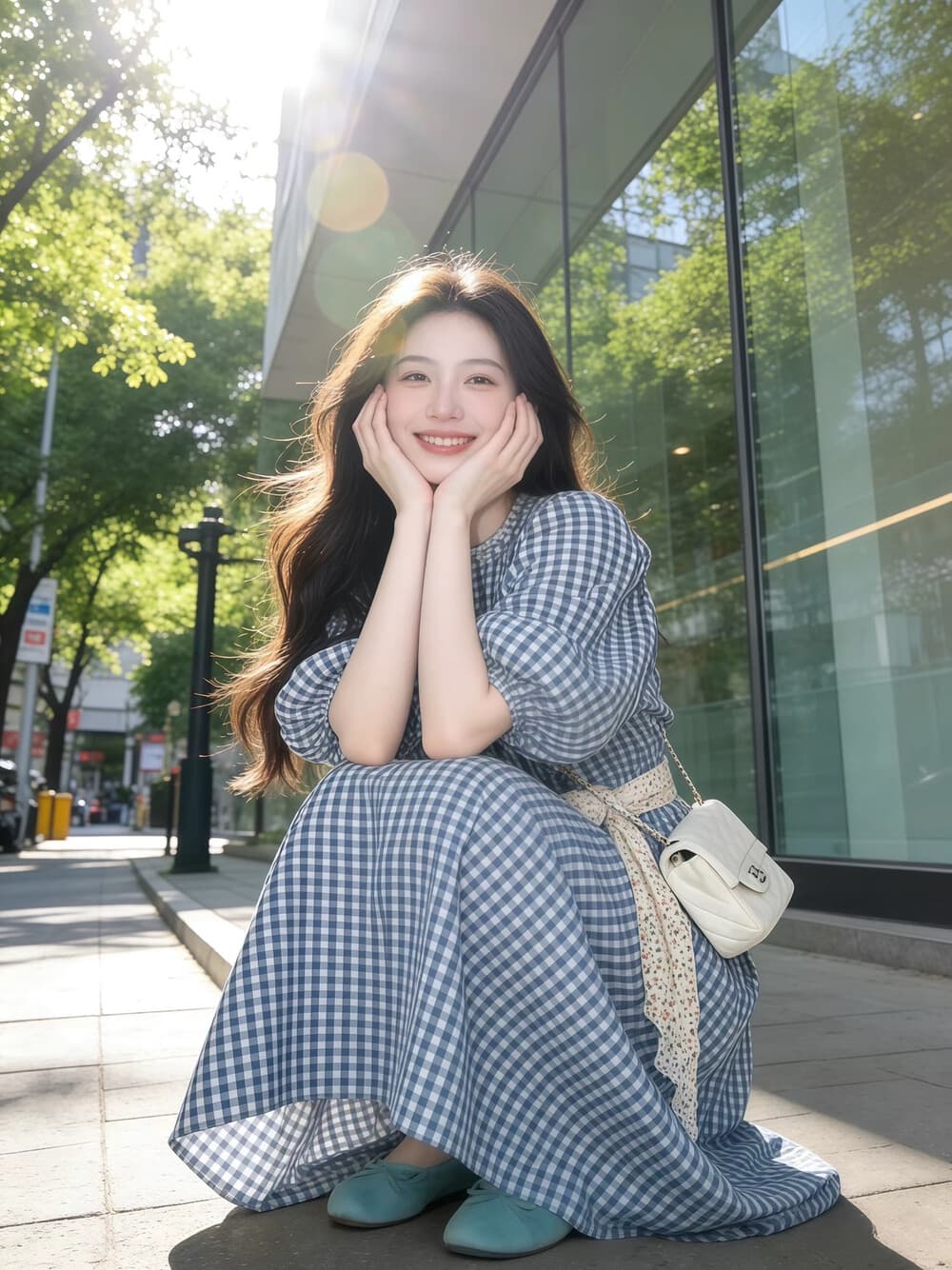 한 부서 달콤함 파란색 체크무늬 학원 스타일 요정 드레스 세트 조립 목도리 상세 이미지 4