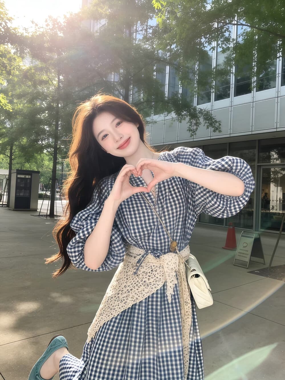 한 부서 달콤함 파란색 체크무늬 학원 스타일 요정 드레스 세트 조립 목도리 상세 이미지 6