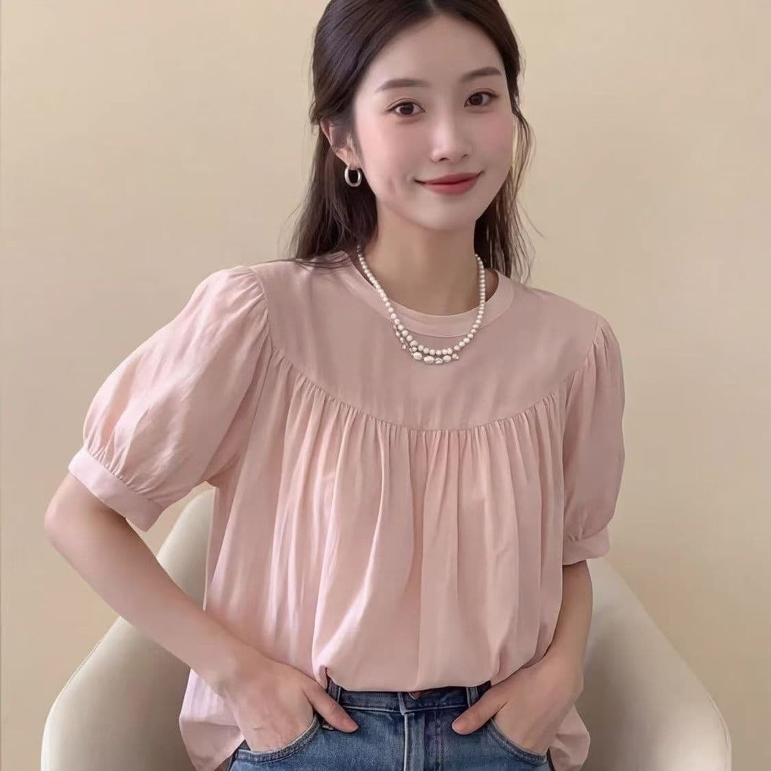 2026 여름 새로운 프랑스식 핑크색 주름 거품 소매 쉬폰 셔츠 여성 슈퍼 잘 생긴 외국 가스 연령 감소 맨위 이미지 3