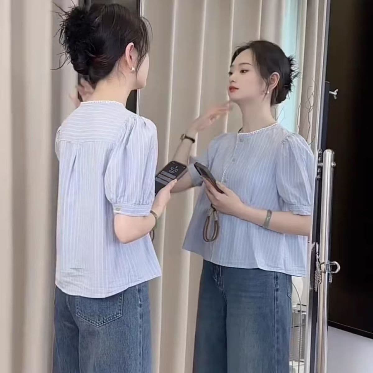 거품 소매 스트라이프 레이스 반팔 여성 셔츠 2026 여름 새로운 루즈핏 슬림해 보이는 연령 감소 허리 수축 캐주얼 맨위 상세 이미지 1