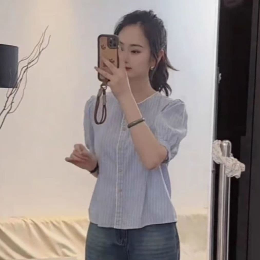 거품 소매 스트라이프 레이스 반팔 여성 셔츠 2026 여름 새로운 루즈핏 슬림해 보이는 연령 감소 허리 수축 캐주얼 맨위 상세 이미지 4
