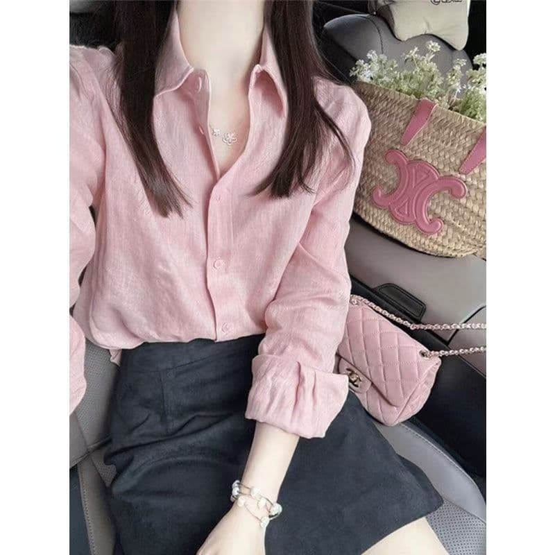 핑크색 폴로 칼라 빛 요리 한 바람 봄 가을 출퇴근 착용 가져 가라. 여성 셔츠 고급 센스 빛 럭셔리 연령 감소 외국 가스 맨위 디자인 센스 이미지 2