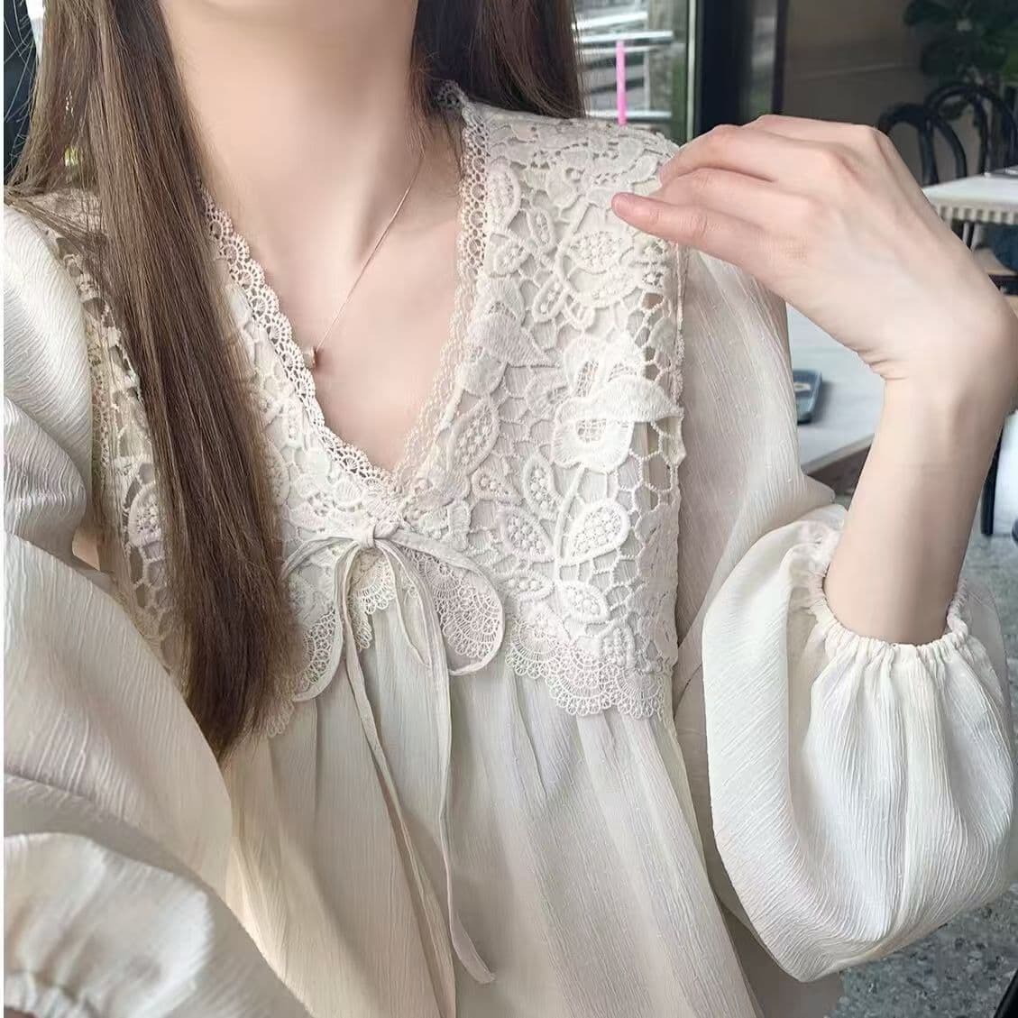 새로운 슈퍼 요정 소녀 센스 작은 대중 레이스 업 셔츠 긴팔 V넥 레이스 쉬폰 프랑스식 벌룬 소매 맨위 상세 이미지 6