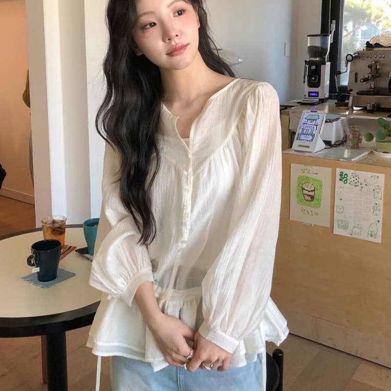 한국 스타일 chic 귀여운 활력 소녀 품격 프릴 쉬폰 블라우스