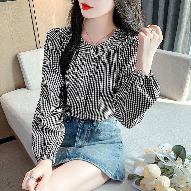 프랑스식 연령 감소 디자인 체크무늬 레이스 새로운 셔츠 맨위 레트로 외국 가스 긴팔 다용도 루즈핏 상세 이미지 3