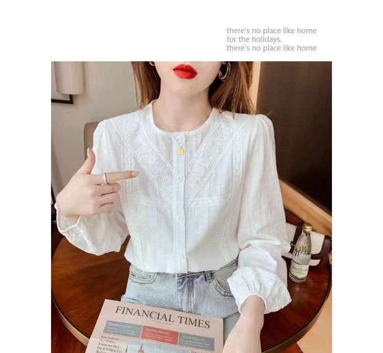 고급 여성 셔츠 새로운 긴팔 라운드 넥 자카드 프랑스식 Chic 레이스 측면 홀로우 아웃 셔츠 외국 가스 맨위 상세 이미지 9