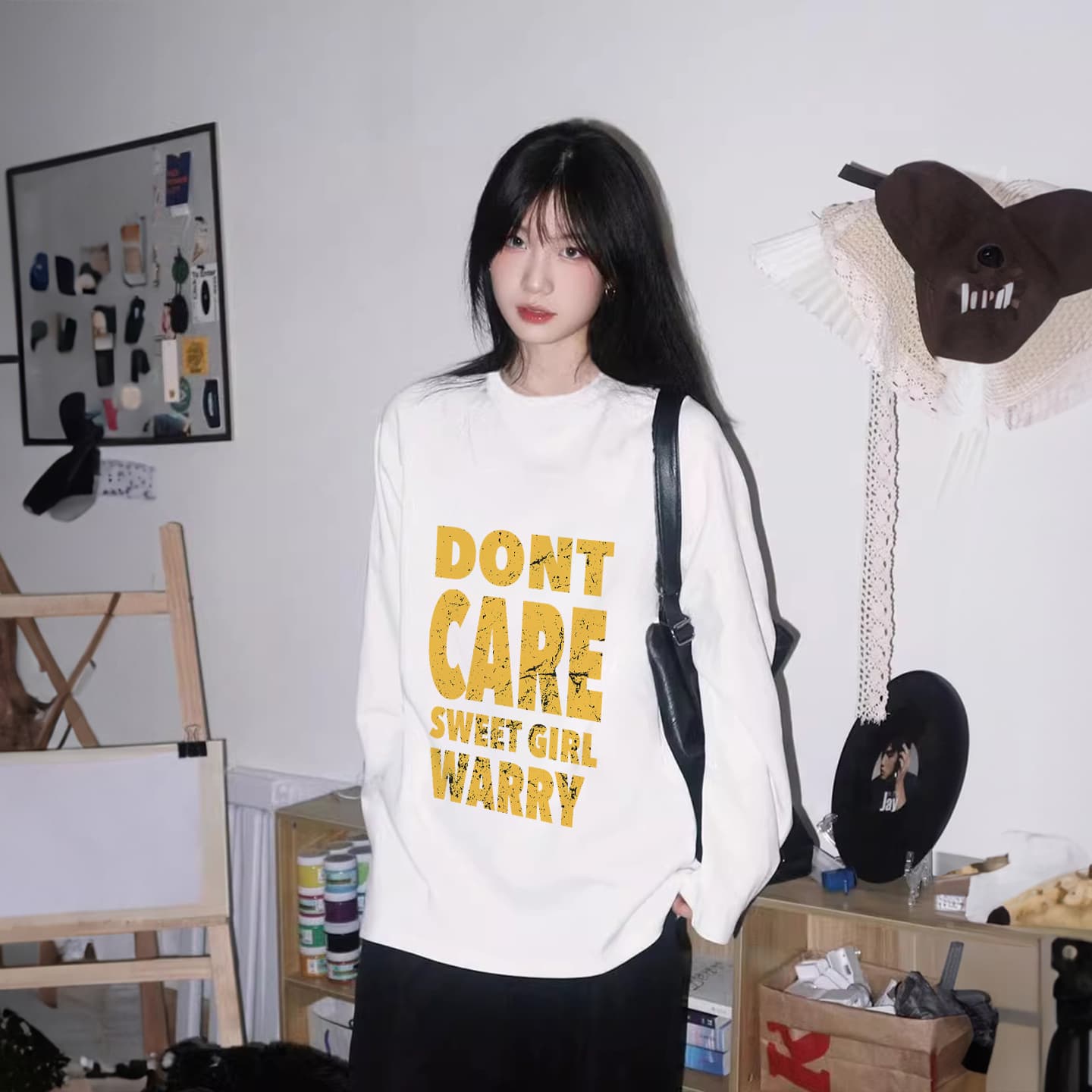 가을 의상 긴팔 티셔츠 여성 루즈핏 맨위 프린트 상세 이미지 2