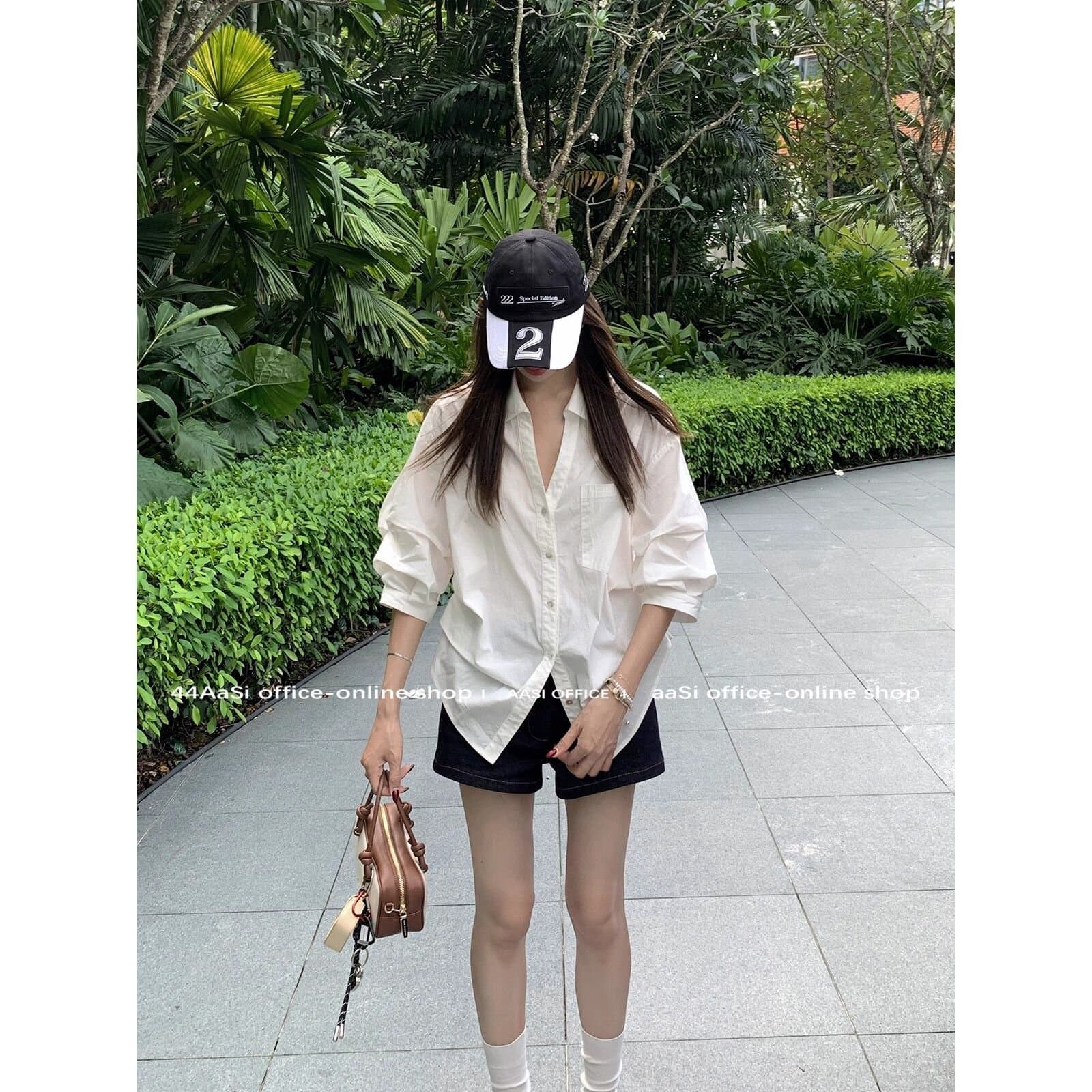 한 부서 디자인 V넥 거품 소매 화이트 셔츠 여성 의류 이른 가을 새로운 오래된 돈 바람 루즈핏 슬림해 보이는 허리 수축 맨위