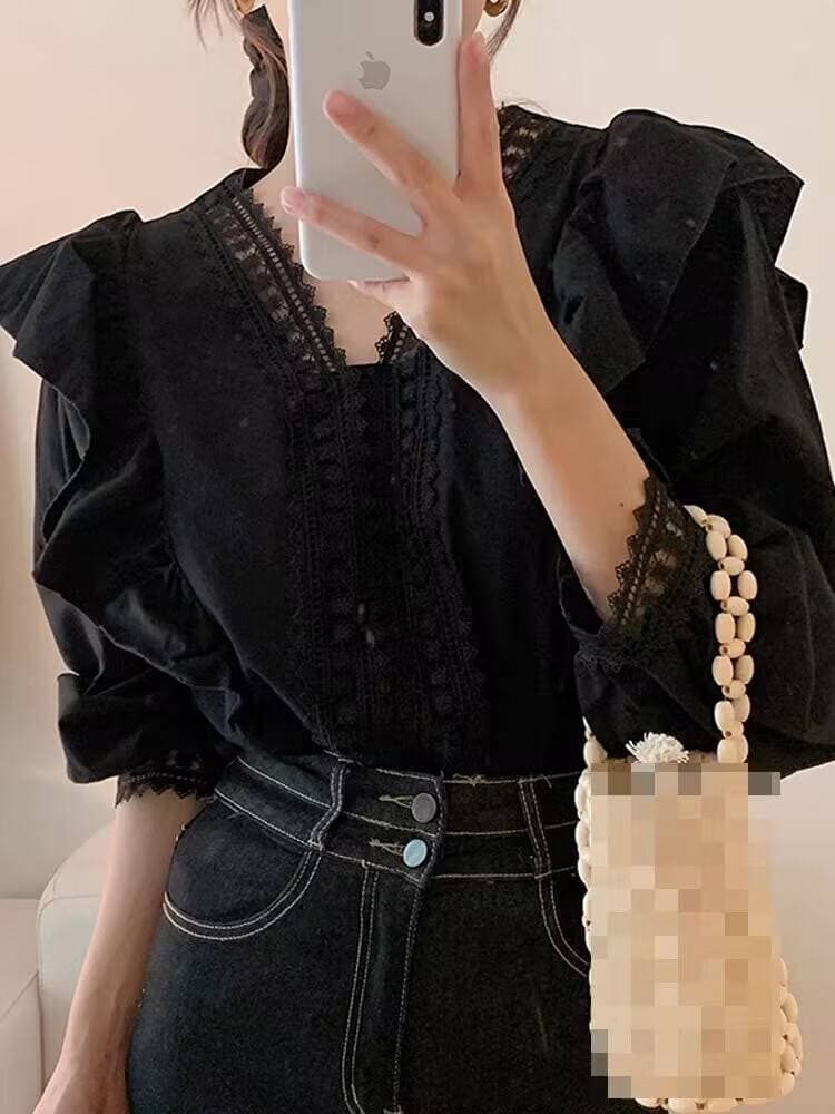 한국 chic 프랑스식 품격 레이스 레이스 V넥 패치워크 프릴 루즈핏 캐주얼 거품 소매 셔츠 상세 이미지 1