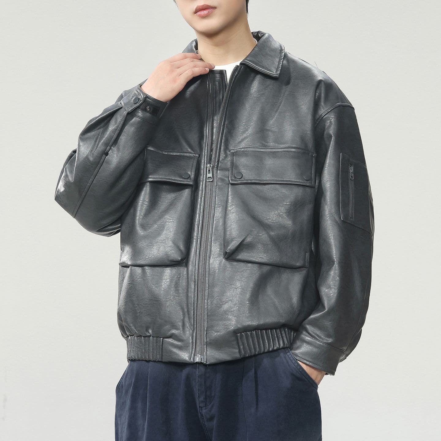 새로운 국가 표준 90 플러시 가죽 재킷 다운 재킷 남자 아메리칸 웃음 하 재킷 조수 브랜드 루즈핏 클립 플러시 레트로 폴로 칼라 가죽 재킷