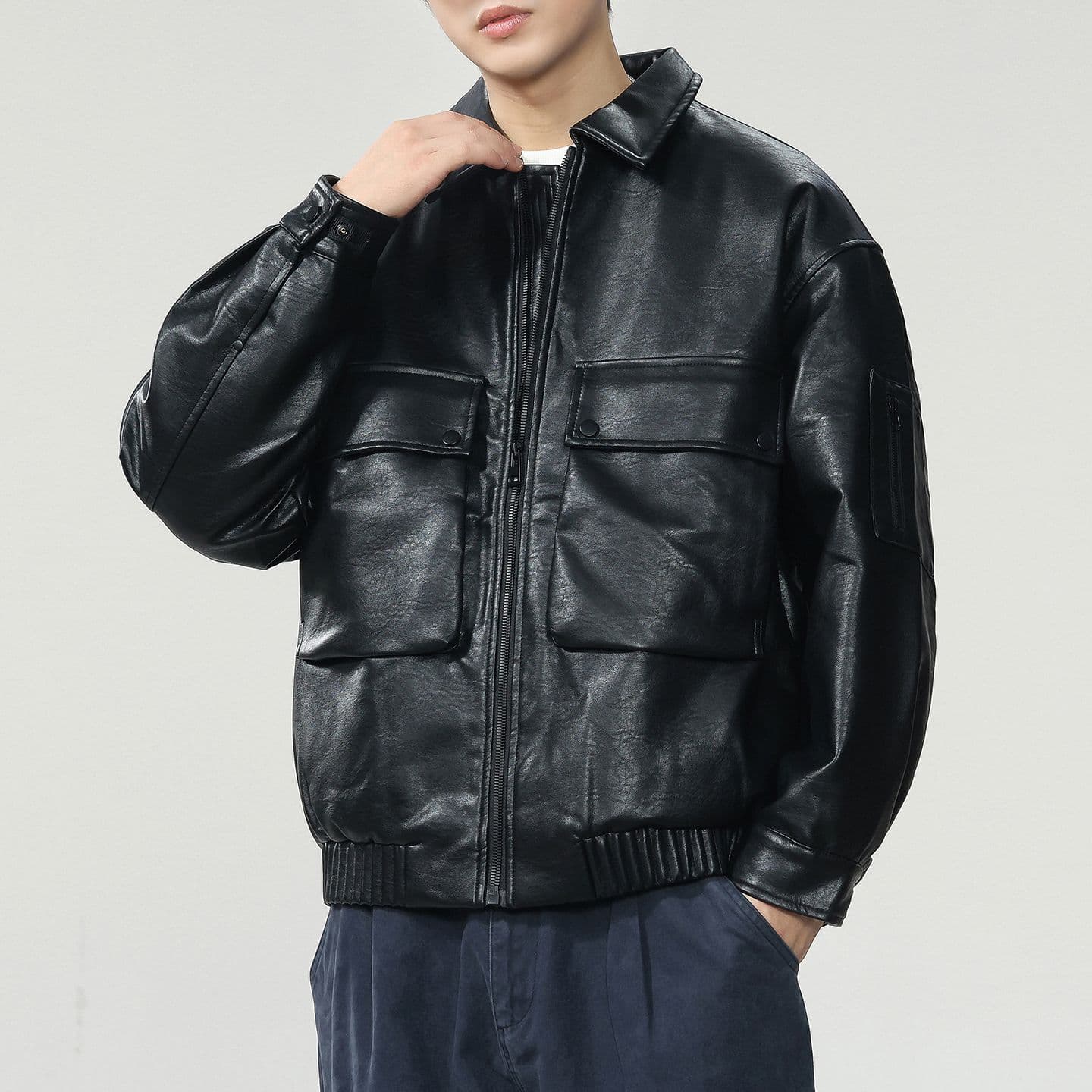 새로운 국가 표준 90 플러시 가죽 재킷 다운 재킷 남자 아메리칸 웃음 하 재킷 조수 브랜드 루즈핏 클립 플러시 레트로 폴로 칼라 가죽 재킷 이미지 2