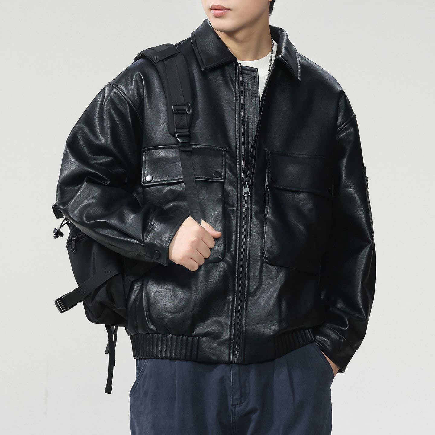 새로운 국가 표준 90 플러시 가죽 재킷 다운 재킷 남자 아메리칸 웃음 하 재킷 조수 브랜드 루즈핏 클립 플러시 레트로 폴로 칼라 가죽 재킷 이미지 3