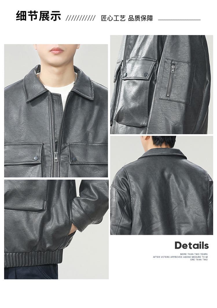 새로운 국가 표준 90 플러시 가죽 재킷 다운 재킷 남자 아메리칸 웃음 하 재킷 조수 브랜드 루즈핏 클립 플러시 레트로 폴로 칼라 가죽 재킷 상세 이미지 5