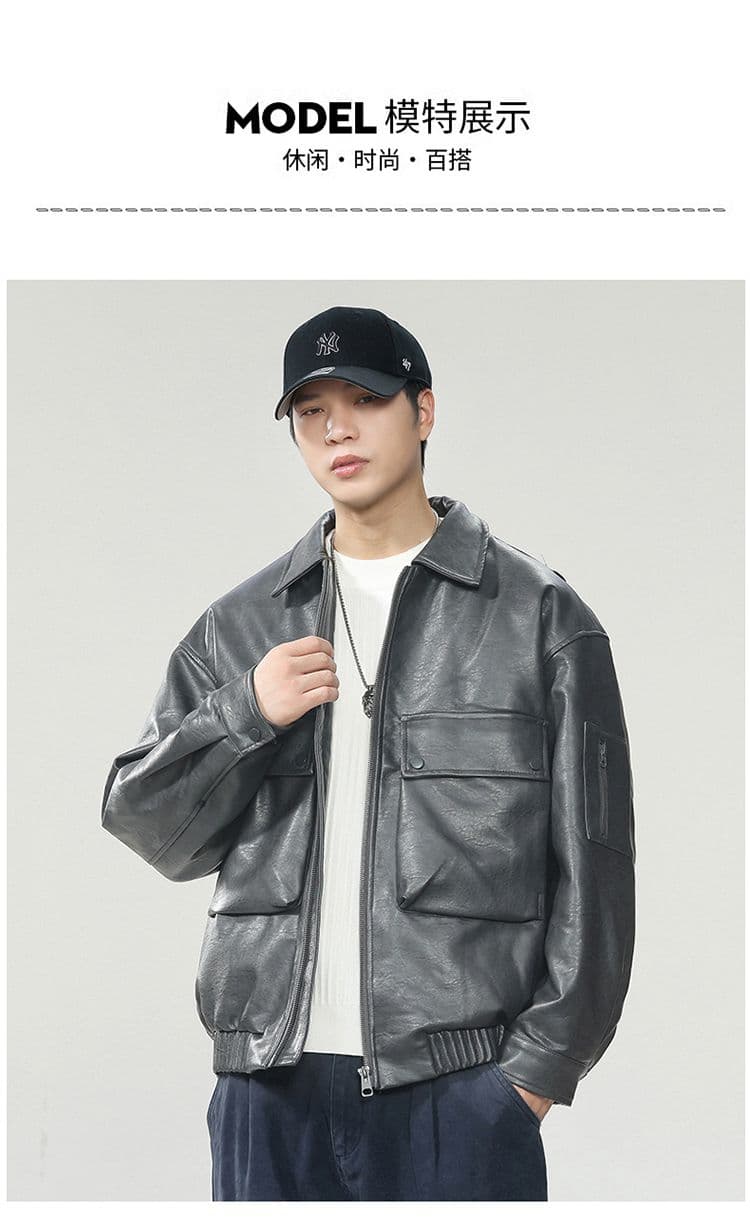 새로운 국가 표준 90 플러시 가죽 재킷 다운 재킷 남자 아메리칸 웃음 하 재킷 조수 브랜드 루즈핏 클립 플러시 레트로 폴로 칼라 가죽 재킷 상세 이미지 8