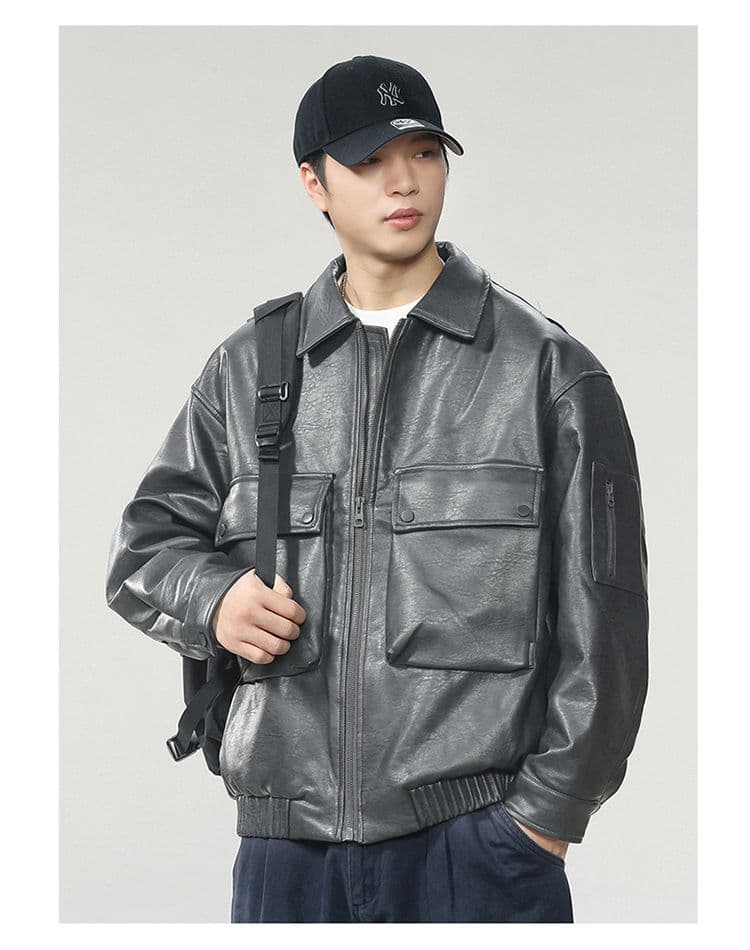 새로운 국가 표준 90 플러시 가죽 재킷 다운 재킷 남자 아메리칸 웃음 하 재킷 조수 브랜드 루즈핏 클립 플러시 레트로 폴로 칼라 가죽 재킷 상세 이미지 9