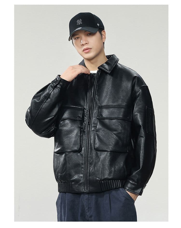 새로운 국가 표준 90 플러시 가죽 재킷 다운 재킷 남자 아메리칸 웃음 하 재킷 조수 브랜드 루즈핏 클립 플러시 레트로 폴로 칼라 가죽 재킷 상세 이미지 14