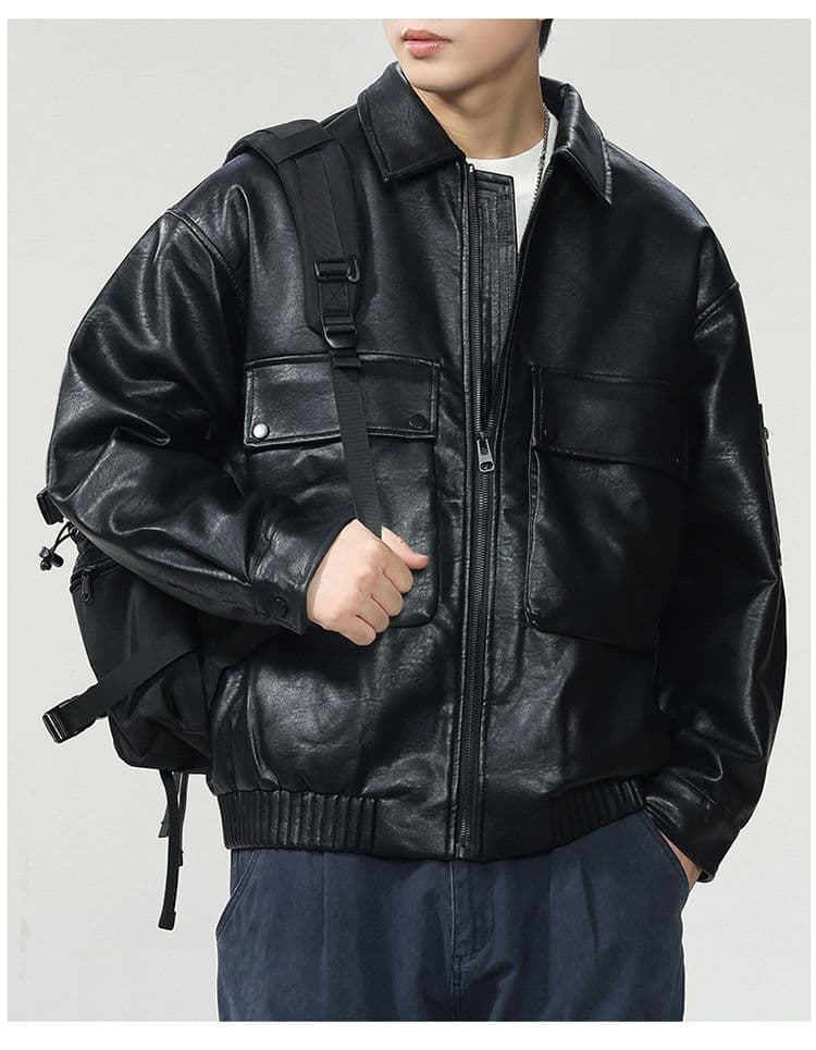 새로운 국가 표준 90 플러시 가죽 재킷 다운 재킷 남자 아메리칸 웃음 하 재킷 조수 브랜드 루즈핏 클립 플러시 레트로 폴로 칼라 가죽 재킷 상세 이미지 15