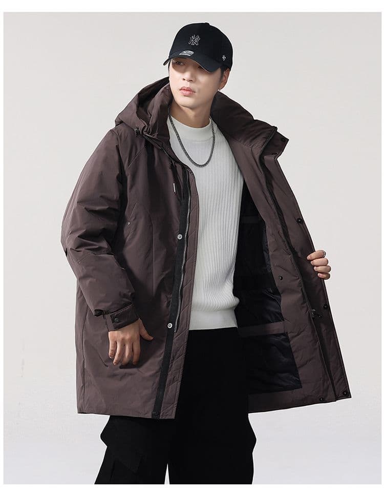 새로운 국가 표준 90 플러시 후드 중간 길이 다운 외투 남자 루즈핏 보온 겨울 감기 예방 미니멀리즘 코트 상세 이미지 12