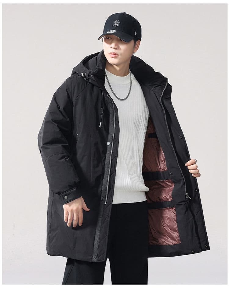 새로운 국가 표준 90 플러시 후드 중간 길이 다운 외투 남자 루즈핏 보온 겨울 감기 예방 미니멀리즘 코트 상세 이미지 16