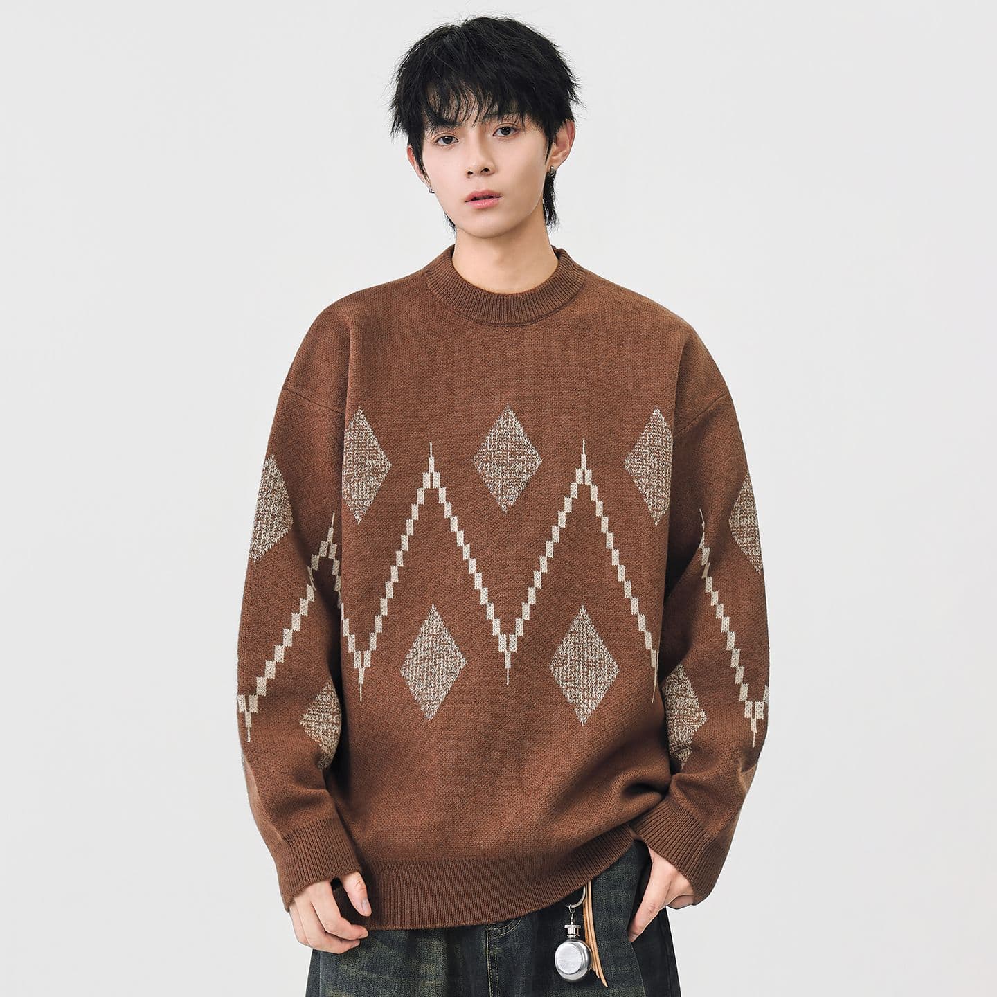 라운드 넥 자카드 스웨터 남성 일본식 레트로 루즈핏 풀오버 니트 스웨터 다용도 캐주얼 가을 겨울철 새로운 재킷 이미지 5