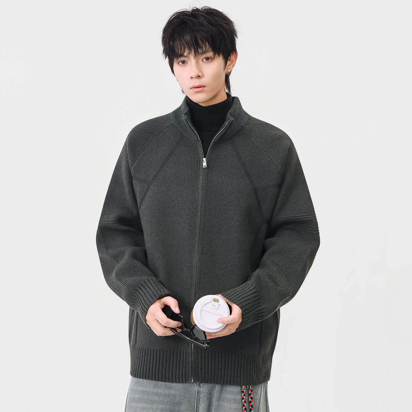 지퍼 오픈 가디건 스웨터 남성 아메리칸 무거운 단색 스탠드 칼라 니트 스웨터 가을 겨울철 새로운 털실 외투 이미지 4