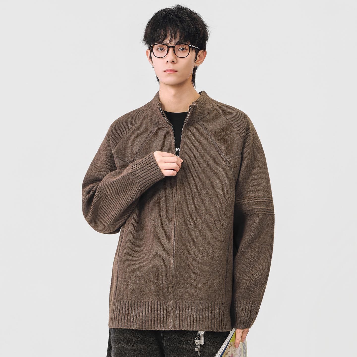 지퍼 오픈 가디건 스웨터 남성 아메리칸 무거운 단색 스탠드 칼라 니트 스웨터 가을 겨울철 새로운 털실 외투 이미지 2