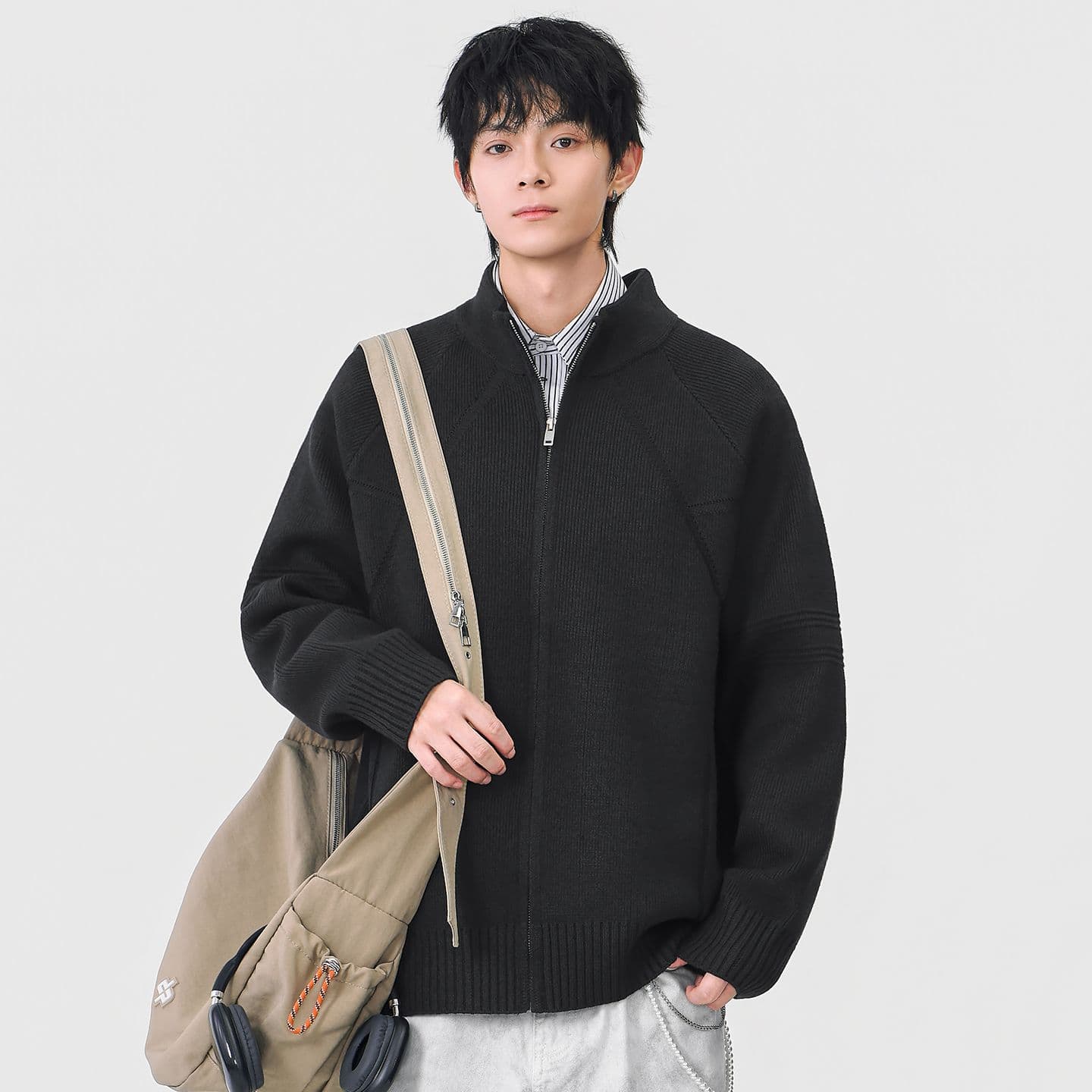 지퍼 오픈 가디건 스웨터 남성 아메리칸 무거운 단색 스탠드 칼라 니트 스웨터 가을 겨울철 새로운 털실 외투 이미지 3