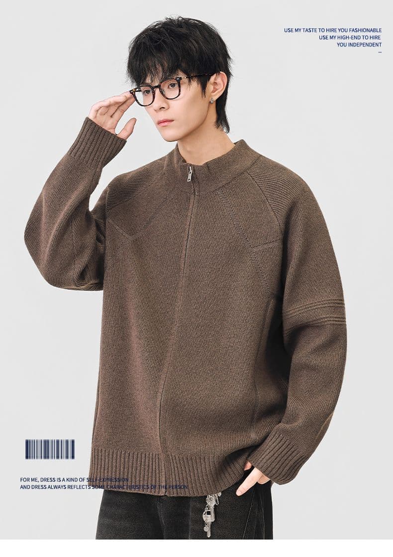 지퍼 오픈 가디건 스웨터 남성 아메리칸 무거운 단색 스탠드 칼라 니트 스웨터 가을 겨울철 새로운 털실 외투 상세 이미지 1