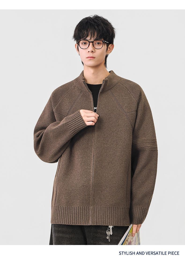 지퍼 오픈 가디건 스웨터 남성 아메리칸 무거운 단색 스탠드 칼라 니트 스웨터 가을 겨울철 새로운 털실 외투 상세 이미지 6