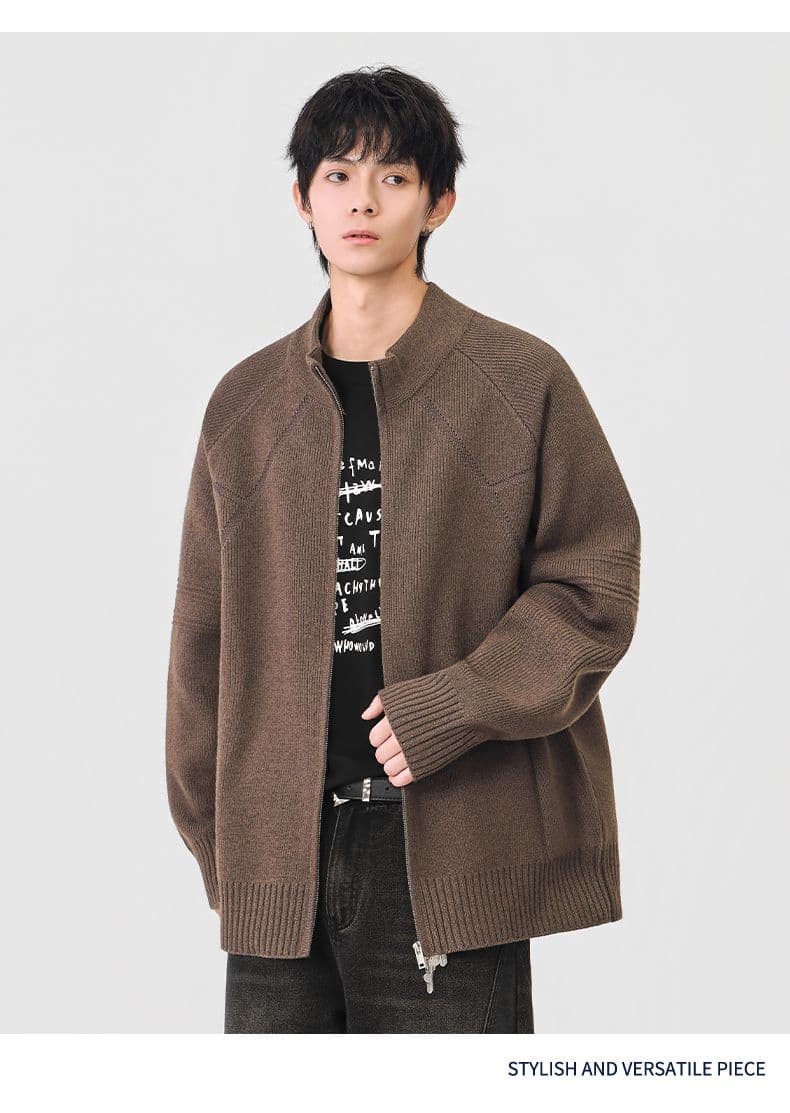 지퍼 오픈 가디건 스웨터 남성 아메리칸 무거운 단색 스탠드 칼라 니트 스웨터 가을 겨울철 새로운 털실 외투 상세 이미지 7