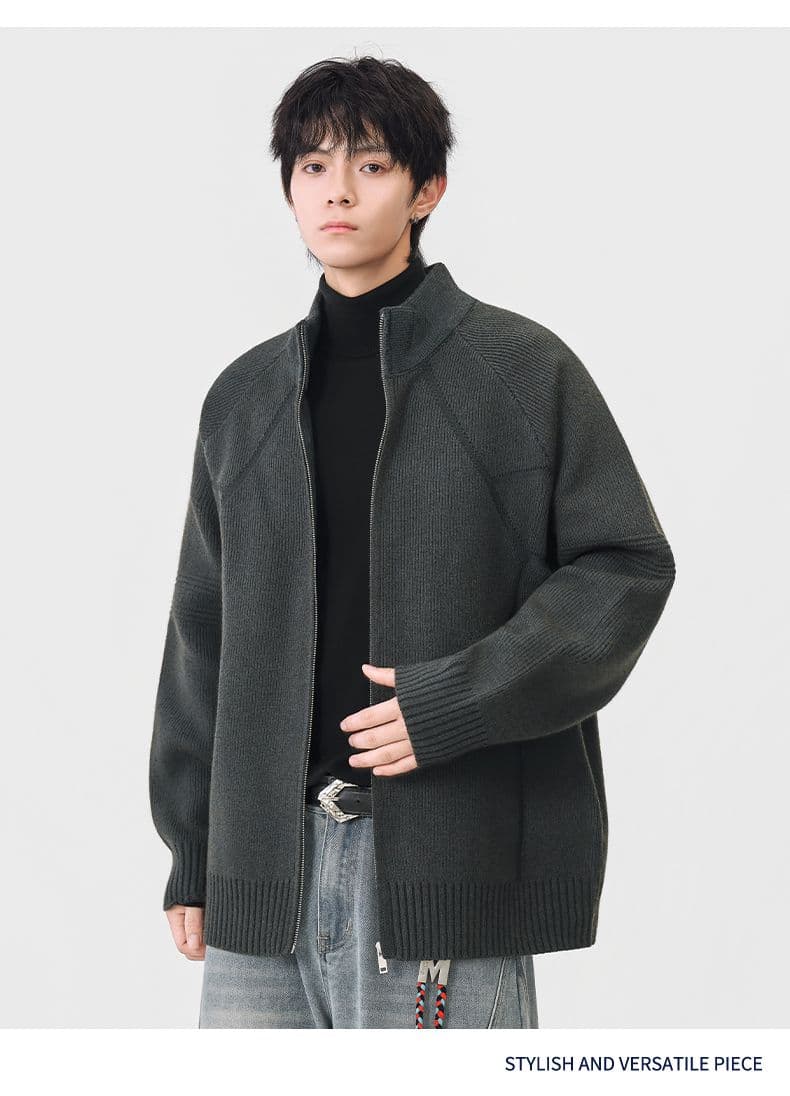 지퍼 오픈 가디건 스웨터 남성 아메리칸 무거운 단색 스탠드 칼라 니트 스웨터 가을 겨울철 새로운 털실 외투 상세 이미지 9