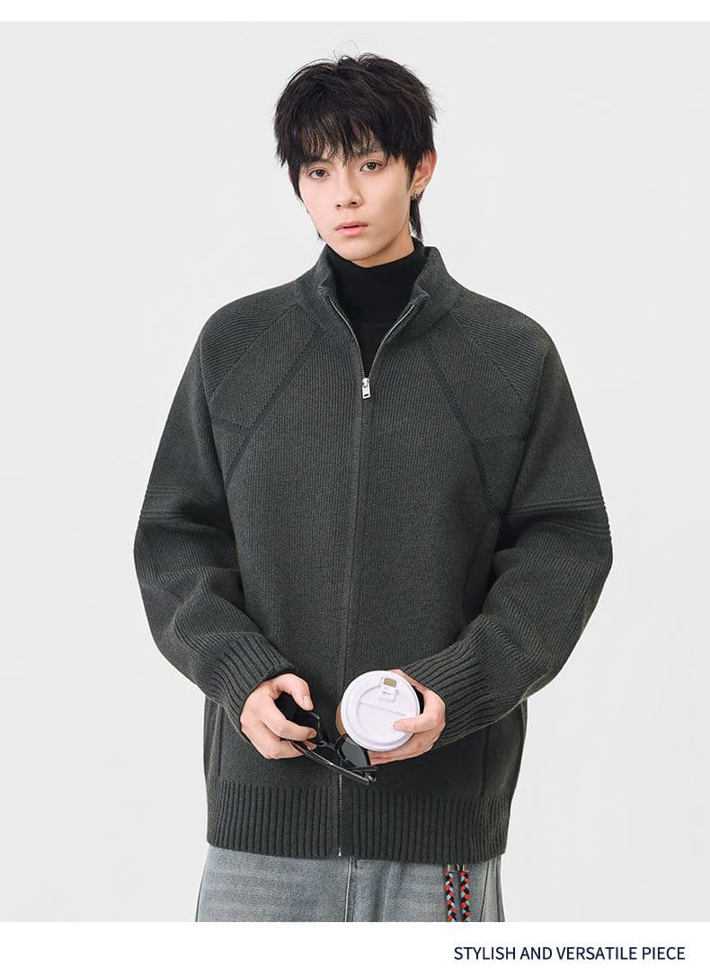 지퍼 오픈 가디건 스웨터 남성 아메리칸 무거운 단색 스탠드 칼라 니트 스웨터 가을 겨울철 새로운 털실 외투 상세 이미지 10