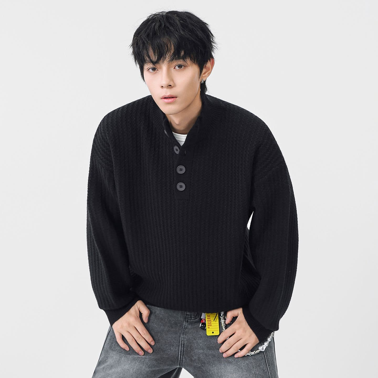 니트 스웨터 남자 가을 겨울철 새로운 풀오버 스탠드 칼라 단추 풀오버 다용도 스웨터 일본식 레트로 루즈핏 트렌드 이미지 3