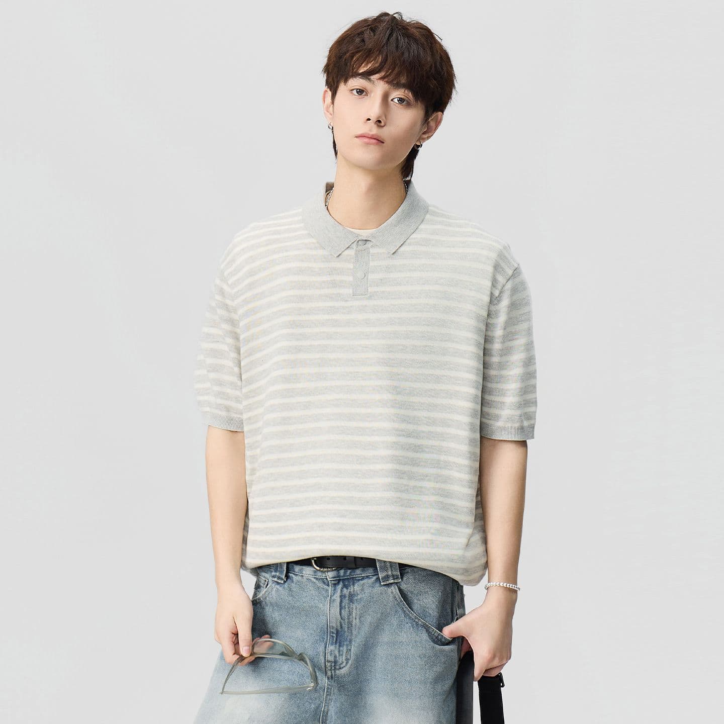 폴로 칼라 스트라이프 마 면 반팔 티셔츠 남성 오래된 돈 바람 POLO 셔츠 여름 새로운 일본식 레트로 트렌드 풀오버