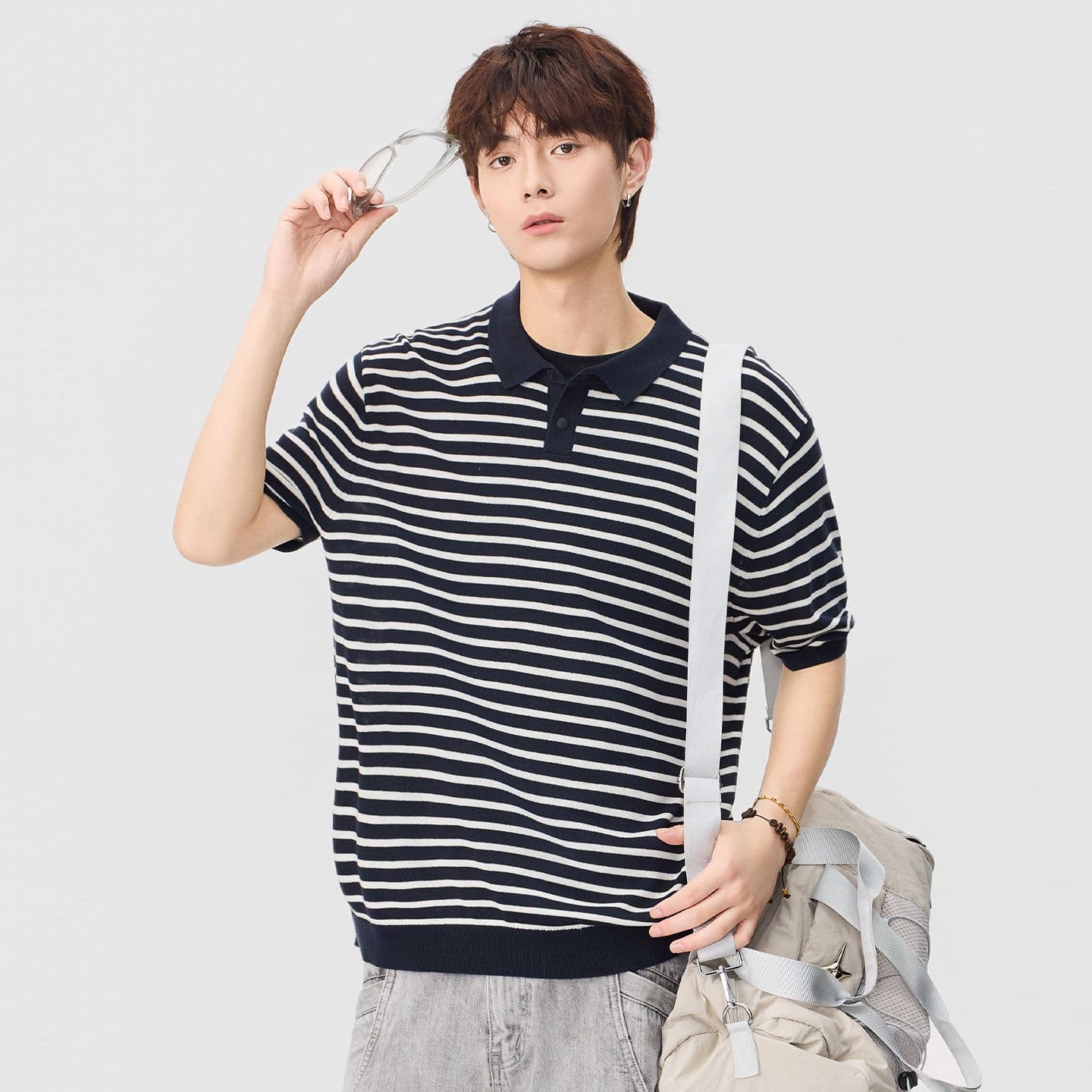 폴로 칼라 스트라이프 마 면 반팔 티셔츠 남성 오래된 돈 바람 POLO 셔츠 여름 새로운 일본식 레트로 트렌드 풀오버 이미지 5