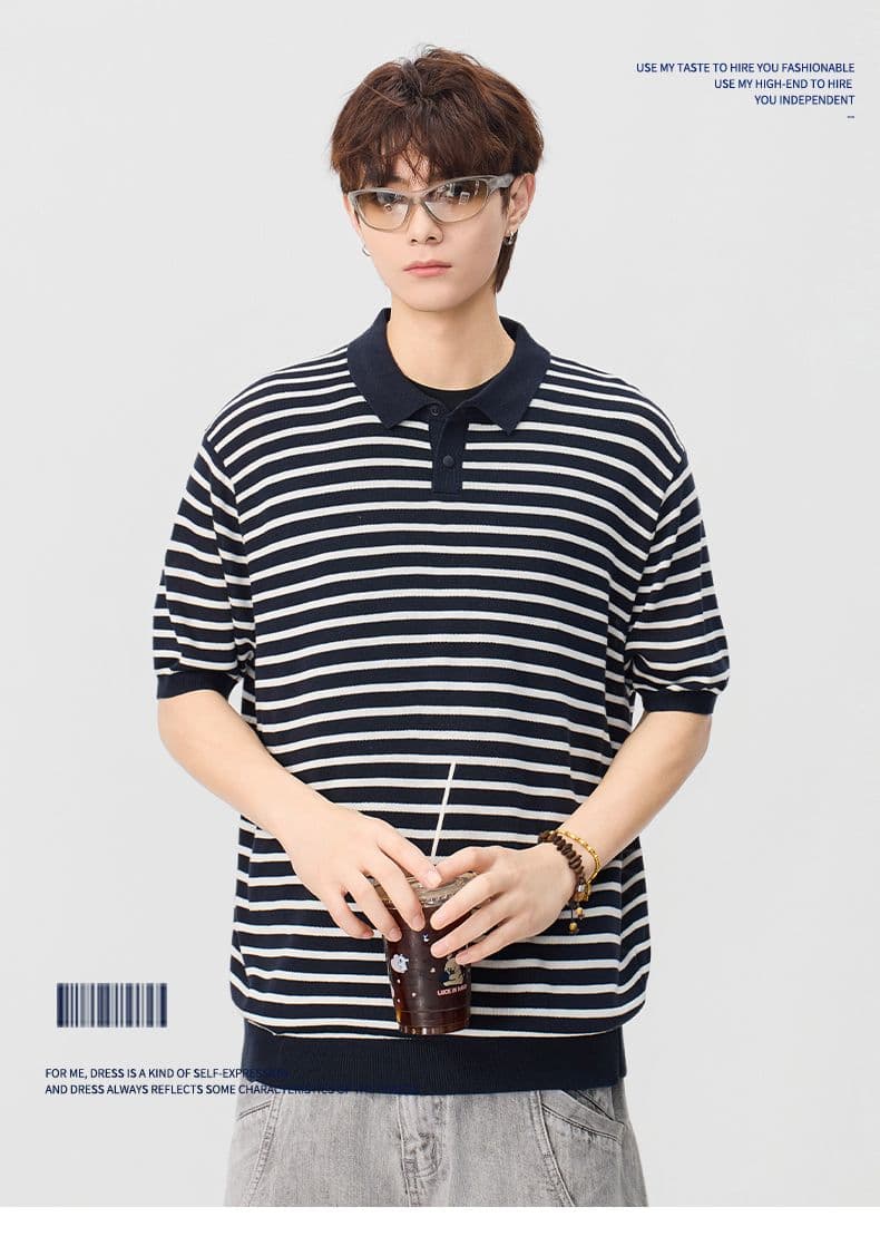 폴로 칼라 스트라이프 마 면 반팔 티셔츠 남성 오래된 돈 바람 POLO 셔츠 여름 새로운 일본식 레트로 트렌드 풀오버 상세 이미지 1