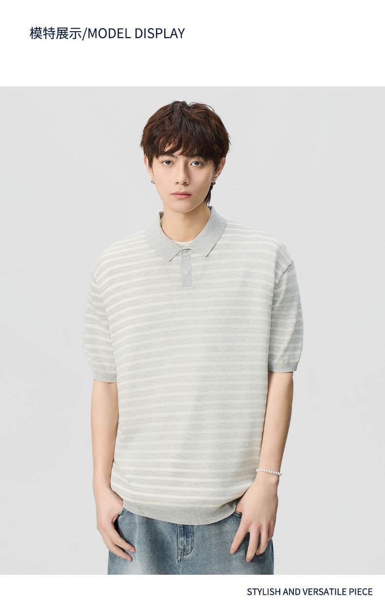 폴로 칼라 스트라이프 마 면 반팔 티셔츠 남성 오래된 돈 바람 POLO 셔츠 여름 새로운 일본식 레트로 트렌드 풀오버 상세 이미지 5
